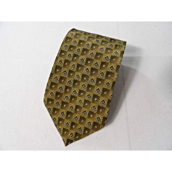 Vtg Oscar De La Renta Mens Silk Neck Tie Geometric Squares Green Neutral Italy - Picture 9 of 12
